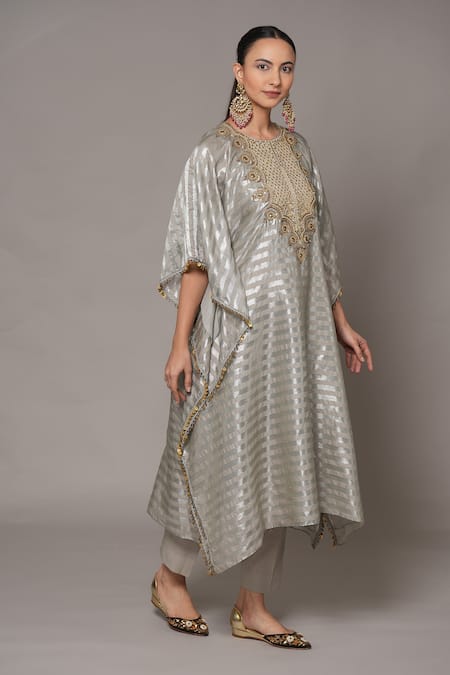 Joy Mitra_Gray Chanderi, Tissue Beads Round Neck Raw Silk Hand Embroidered Kaftan Set _at_Aza_Fashions