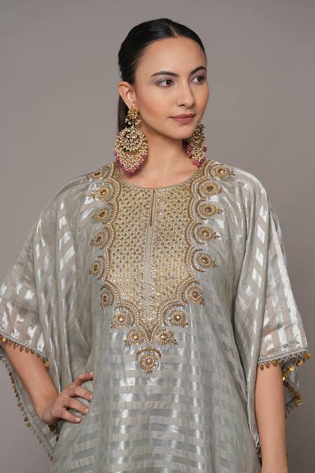 Buy_Joy Mitra_Gray Chanderi, Tissue Beads Round Neck Raw Silk Hand Embroidered Kaftan Set 
