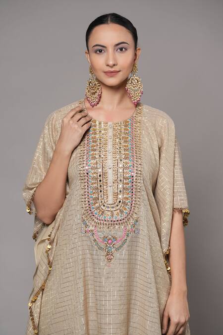 Shop_Joy Mitra_Beige Chanderi, Tissue, Cotton Embroidery Round Neck Mushroom Hand Kaftan Set _Online_at_Aza_Fashions