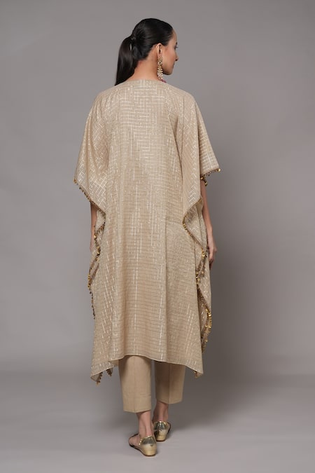 Joy Mitra_Beige Chanderi, Tissue, Cotton Embroidery Round Neck Mushroom Hand Kaftan Set _Online_at_Aza_Fashions