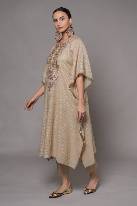 Joy Mitra_Beige Chanderi, Tissue, Cotton Embroidery Round Neck Mushroom Hand Kaftan Set _at_Aza_Fashions