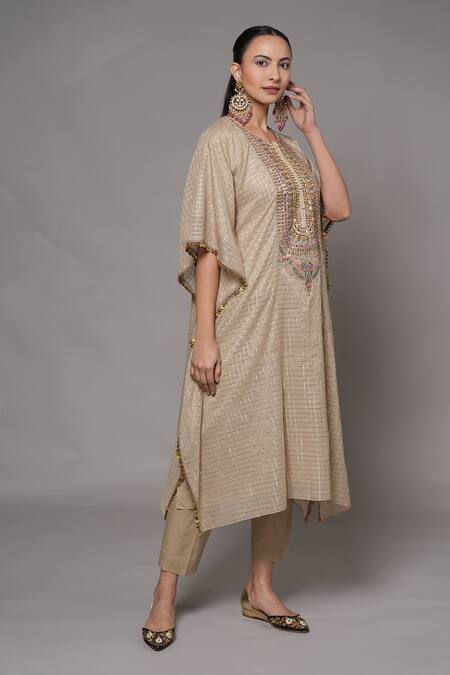 Buy_Joy Mitra_Beige Chanderi, Tissue, Cotton Embroidery Round Neck Mushroom Hand Kaftan Set 