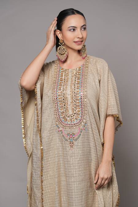 Shop_Joy Mitra_Beige Chanderi, Tissue, Cotton Embroidery Round Neck Mushroom Hand Kaftan Set 