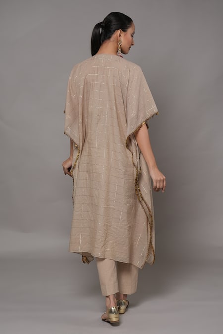 Joy Mitra_Beige Chanderi, Cotton, Tissue Embroidery Round Neck Mushroom Hand Kaftan Set _Online_at_Aza_Fashions