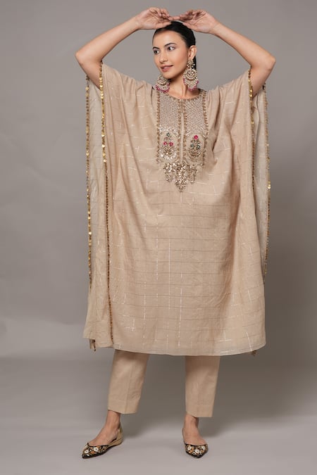 Buy_Joy Mitra_Beige Chanderi, Cotton, Tissue Embroidery Round Neck Mushroom Hand Kaftan Set _Online_at_Aza_Fashions