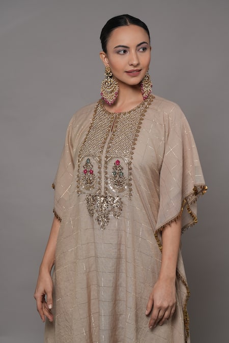 Shop_Joy Mitra_Beige Chanderi, Cotton, Tissue Embroidery Round Neck Mushroom Hand Kaftan Set _Online_at_Aza_Fashions