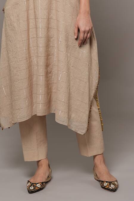 Joy Mitra Beige Chanderi, Cotton, Tissue Embroidery Round Neck Mushroom Hand Kaftan Set at Aza Fashions Joy Mitra_Beige Chanderi, Cotton, Tissue Embroidery Round Neck Mushroom Hand Kaftan Set _at_Aza_Fashions