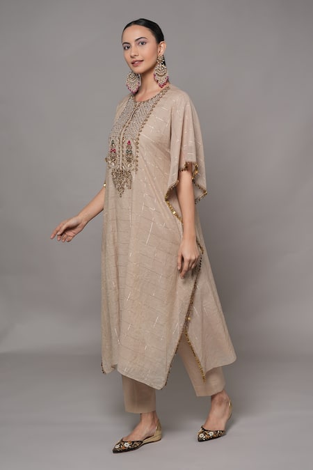 Buy_Joy Mitra_Beige Chanderi, Cotton, Tissue Embroidery Round Neck Mushroom Hand Kaftan Set 