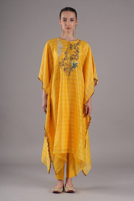Buy_Joy Mitra_Yellow Chanderi, Tissue, Cotton Embroidery Round Neck Bee Hand Kaftan Set _Online_at_Aza_Fashions