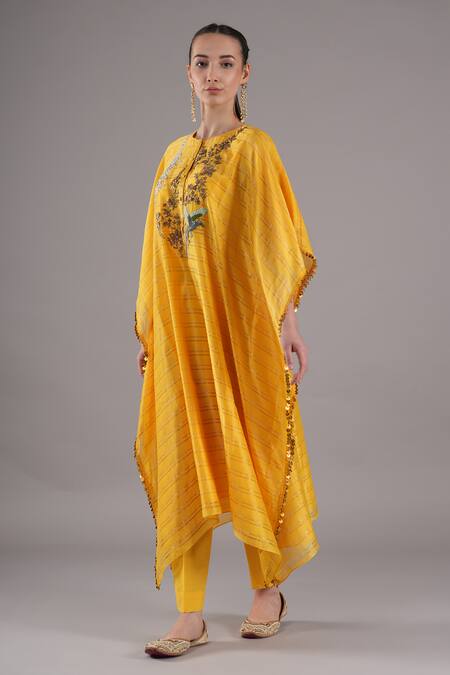 Shop_Joy Mitra_Yellow Chanderi, Tissue, Cotton Embroidery Round Neck Bee Hand Kaftan Set _Online_at_Aza_Fashions