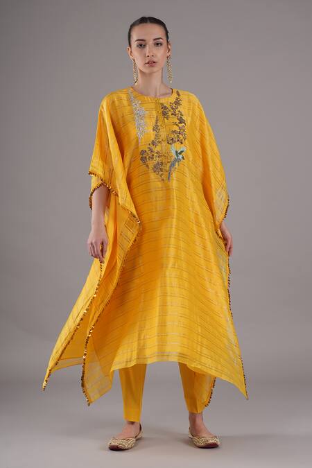 Joy Mitra_Yellow Chanderi, Tissue, Cotton Embroidery Round Neck Bee Hand Kaftan Set _at_Aza_Fashions