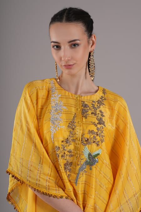 Buy_Joy Mitra_Yellow Chanderi, Tissue, Cotton Embroidery Round Neck Bee Hand Kaftan Set 