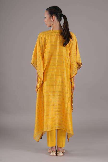 Joy Mitra_Yellow Chanderi, Tissue, Cotton Embroidery Round Neck Bee Hand Kaftan Set _Online_at_Aza_Fashions