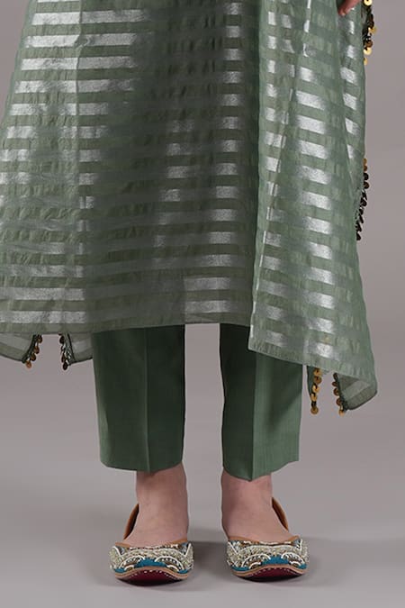 Buy Joy Mitra Sapphire Chanderi, Tissue Embroidery Round Neck Sage Green Hand Kaftan Set Online at Aza Fashions Buy_Joy Mitra_Sapphire Chanderi, Tissue Embroidery Round Neck Sage Green Hand Kaftan Set _Online_at_Aza_Fashions