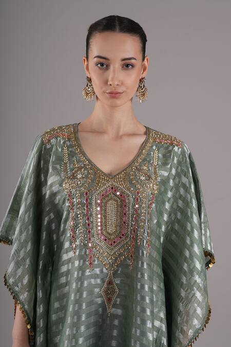 Shop_Joy Mitra_Sapphire Chanderi, Tissue Embroidery Round Neck Sage Green Hand Kaftan Set _Online_at_Aza_Fashions