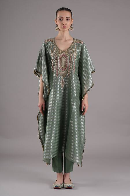 Joy Mitra_Sapphire Chanderi, Tissue Embroidery Round Neck Sage Green Hand Kaftan Set _at_Aza_Fashions