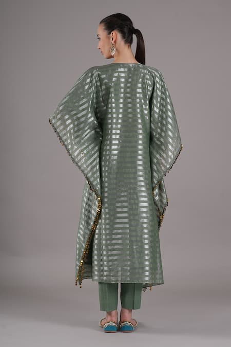 Joy Mitra_Sapphire Chanderi, Tissue Embroidery Round Neck Sage Green Hand Kaftan Set _Online_at_Aza_Fashions
