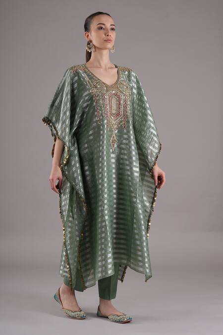 Buy_Joy Mitra_Sapphire Chanderi, Tissue Embroidery Round Neck Sage Green Hand Kaftan Set 