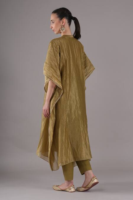 Joy Mitra_Gold Chanderi, Tissue, Cotton Beads, Sequins Hand Embroidered Kaftan Set _Online_at_Aza_Fashions