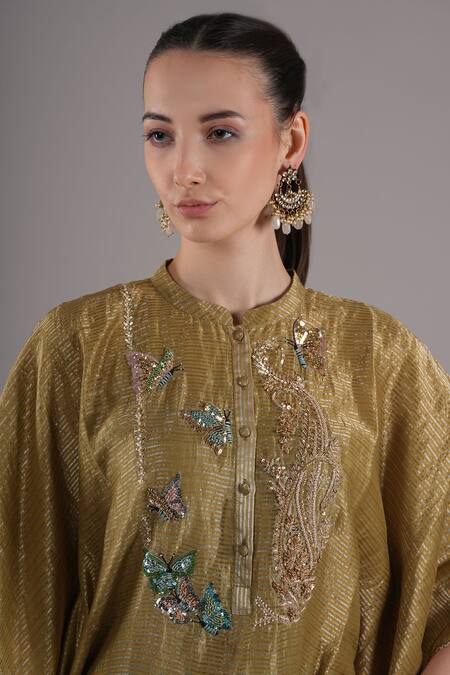 Shop_Joy Mitra_Gold Chanderi, Tissue, Cotton Beads, Sequins Hand Embroidered Kaftan Set _Online_at_Aza_Fashions