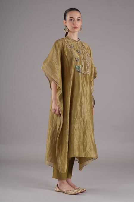 Joy Mitra_Gold Chanderi, Tissue, Cotton Beads, Sequins Hand Embroidered Kaftan Set _at_Aza_Fashions