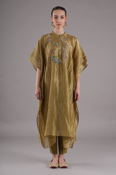 Buy_Joy Mitra_Gold Chanderi, Tissue, Cotton Beads, Sequins Hand Embroidered Kaftan Set 