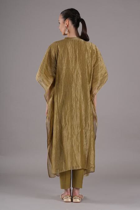 Shop_Joy Mitra_Gold Chanderi, Tissue, Cotton Beads, Sequins Hand Embroidered Kaftan Set _at_Aza_Fashions