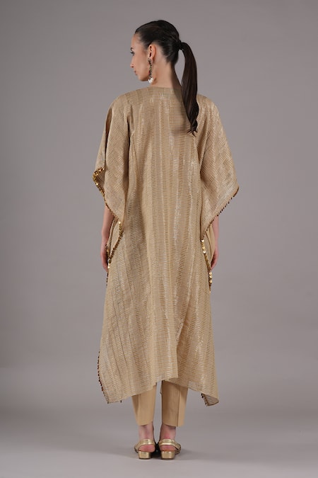 Joy Mitra_Beige Chanderi, Tissue, Cotton Beads Round Mushroom Hand Embroidered Kaftan Set _Online_at_Aza_Fashions
