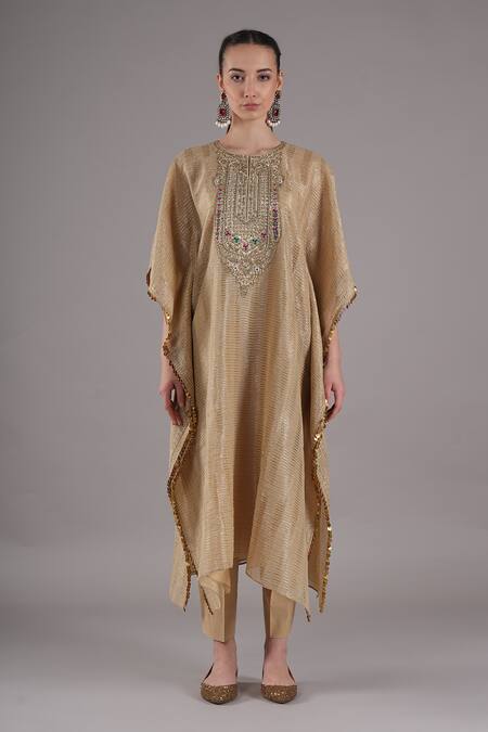 Shop_Joy Mitra_Beige Chanderi, Tissue, Cotton Beads Round Mushroom Hand Embroidered Kaftan Set _Online_at_Aza_Fashions