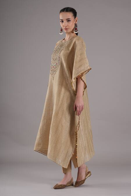 Joy Mitra_Beige Chanderi, Tissue, Cotton Beads Round Mushroom Hand Embroidered Kaftan Set _at_Aza_Fashions