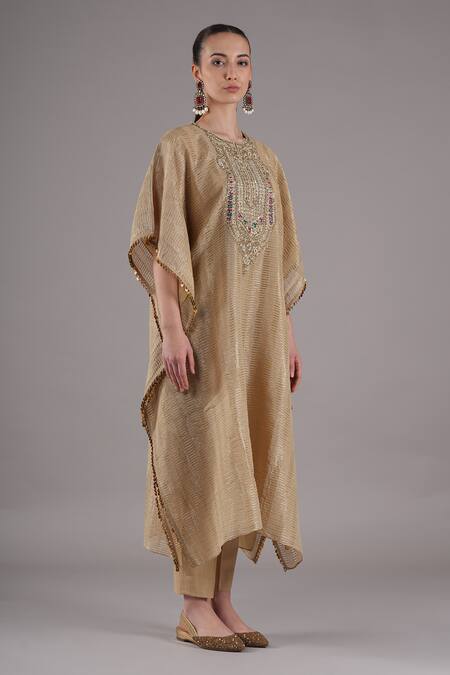 Buy_Joy Mitra_Beige Chanderi, Tissue, Cotton Beads Round Mushroom Hand Embroidered Kaftan Set 