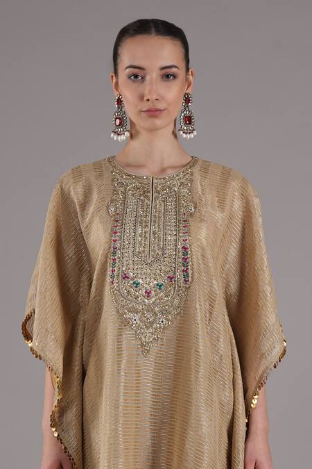 Shop Joy Mitra Beige Chanderi, Tissue, Cotton Beads Round Mushroom Hand Embroidered Kaftan Set Shop_Joy Mitra_Beige Chanderi, Tissue, Cotton Beads Round Mushroom Hand Embroidered Kaftan Set