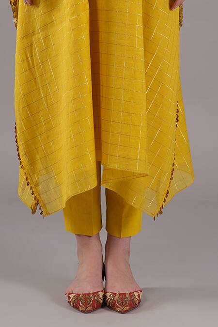 Joy Mitra Yellow Chanderi, Tissue, Cotton Embroidery Round Neck Bee Hand Kaftan Set Online at Aza Fashions Joy Mitra_Yellow Chanderi, Tissue, Cotton Embroidery Round Neck Bee Hand Kaftan Set _Online_at_Aza_Fashions