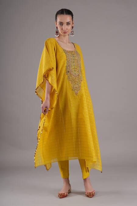 Buy_Joy Mitra_Yellow Chanderi, Tissue, Cotton Embroidery Round Neck Bee Hand Kaftan Set _Online_at_Aza_Fashions