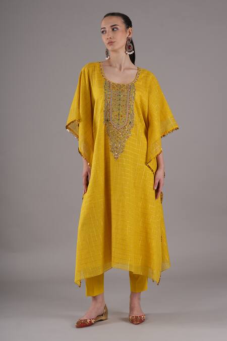 Shop_Joy Mitra_Yellow Chanderi, Tissue, Cotton Embroidery Round Neck Bee Hand Kaftan Set _Online_at_Aza_Fashions