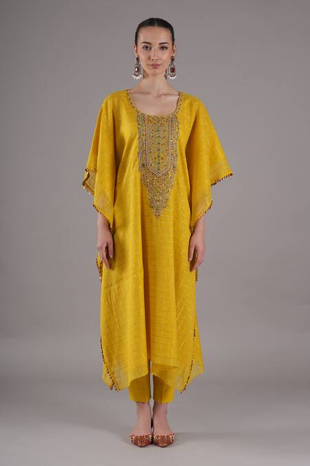 Joy Mitra_Yellow Chanderi, Tissue, Cotton Embroidery Round Neck Bee Hand Kaftan Set _at_Aza_Fashions