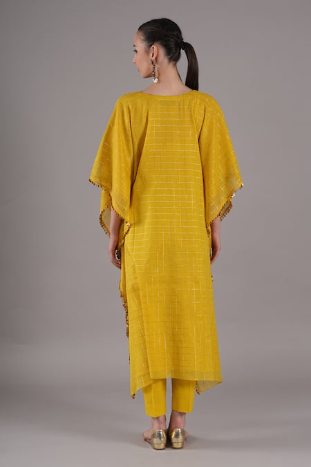 Shop_Joy Mitra_Yellow Chanderi, Tissue, Cotton Embroidery Round Neck Bee Hand Kaftan Set _at_Aza_Fashions