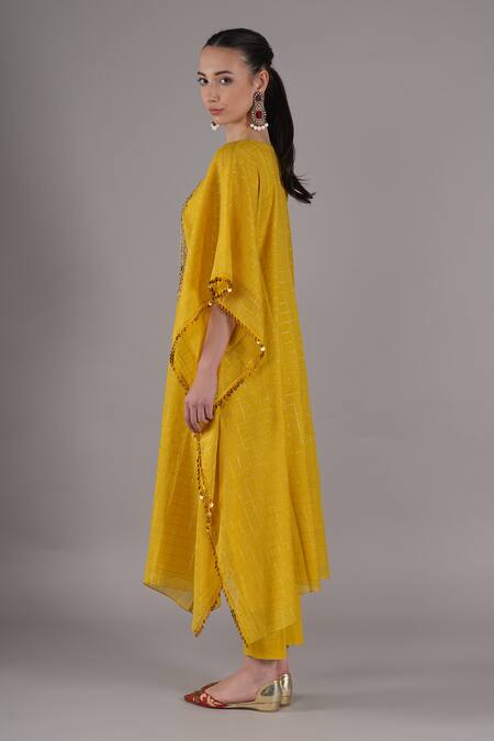 Buy_Joy Mitra_Yellow Chanderi, Tissue, Cotton Embroidery Round Neck Bee Hand Kaftan Set 