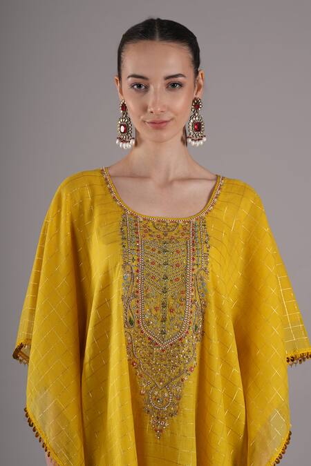 Shop_Joy Mitra_Yellow Chanderi, Tissue, Cotton Embroidery Round Neck Bee Hand Kaftan Set 