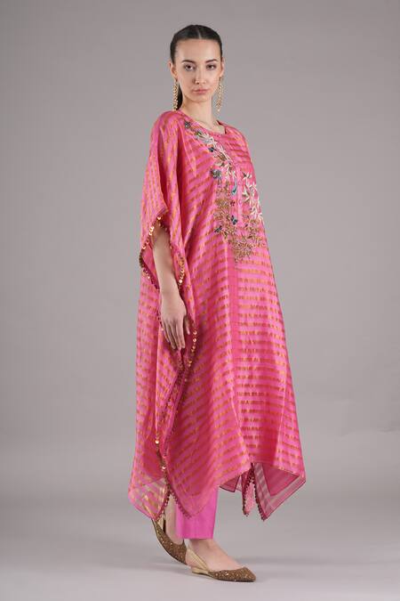 Buy_Joy Mitra_Pink Chanderi, Tissue, Cotton Embroidery Round Neck Deep Blush Hand Kaftan Set _Online_at_Aza_Fashions