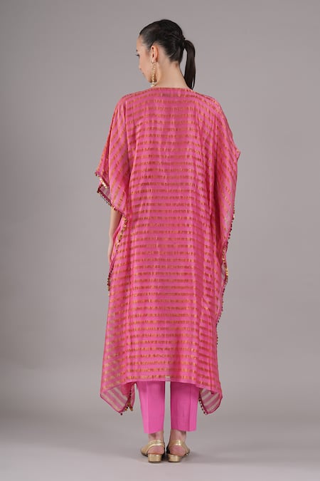 Joy Mitra_Pink Chanderi, Tissue, Cotton Embroidery Round Neck Deep Blush Hand Kaftan Set _Online_at_Aza_Fashions