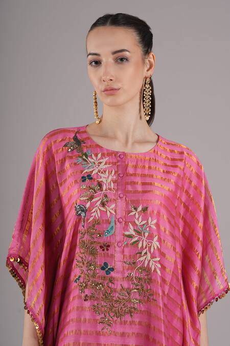 Joy Mitra_Pink Chanderi, Tissue, Cotton Embroidery Round Neck Deep Blush Hand Kaftan Set _at_Aza_Fashions