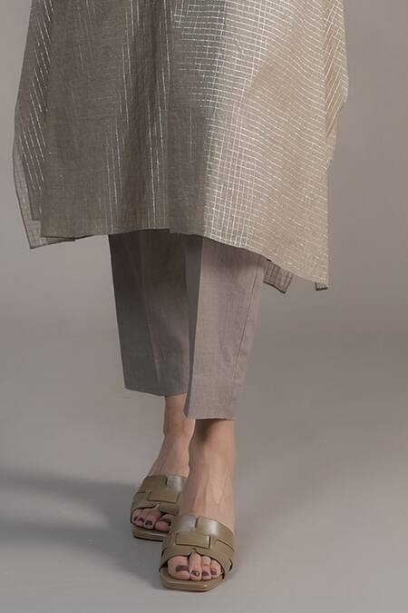 Buy_Joy Mitra_Gray Chanderi, Tissue Embroidery Collared Grey Hand Kaftan Set _Online_at_Aza_Fashions