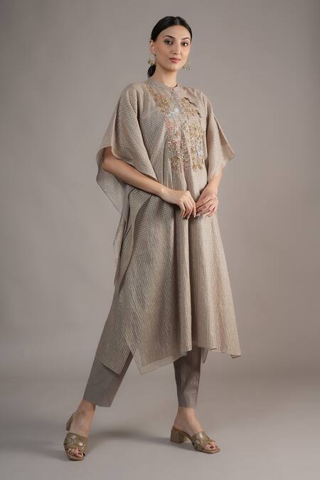 Joy Mitra_Gray Chanderi, Tissue Embroidery Collared Grey Hand Kaftan Set _at_Aza_Fashions