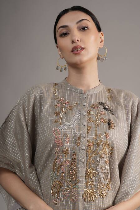 Buy_Joy Mitra_Gray Chanderi, Tissue Embroidery Collared Grey Hand Kaftan Set 