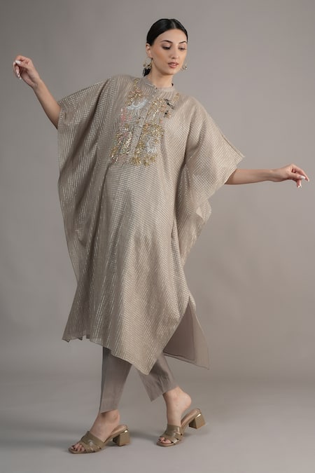 Joy Mitra_Gray Chanderi, Tissue Embroidery Collared Grey Hand Kaftan Set _Online_at_Aza_Fashions