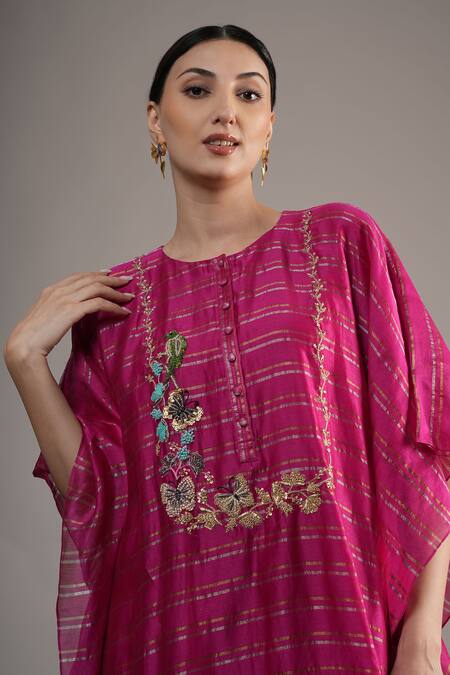 Buy_Joy Mitra_Pink Chanderi, Tissue Embroidery Round Neck Hibiscus Hand Kaftan Set _Online_at_Aza_Fashions