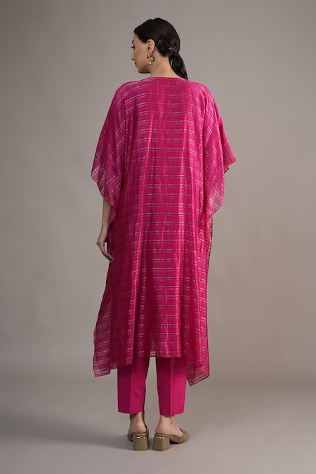 Joy Mitra_Pink Chanderi, Tissue Embroidery Round Neck Hibiscus Hand Kaftan Set _Online_at_Aza_Fashions