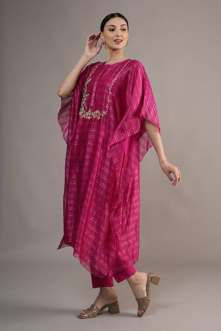 Shop_Joy Mitra_Pink Chanderi, Tissue Embroidery Round Neck Hibiscus Hand Kaftan Set _Online_at_Aza_Fashions