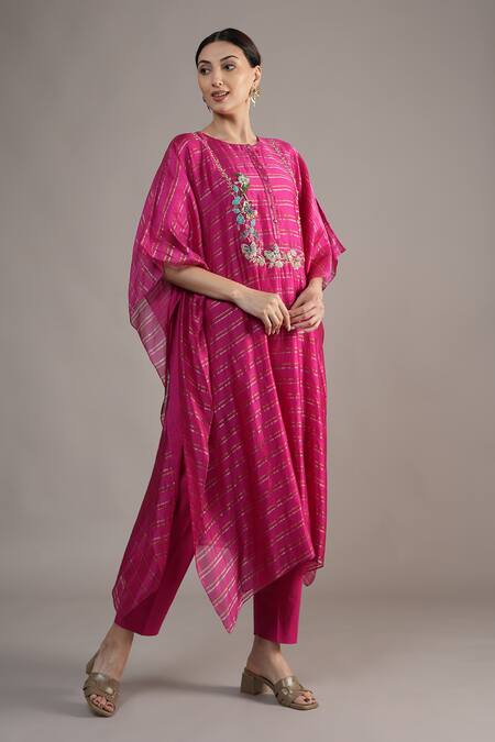 Joy Mitra_Pink Chanderi, Tissue Embroidery Round Neck Hibiscus Hand Kaftan Set _at_Aza_Fashions
